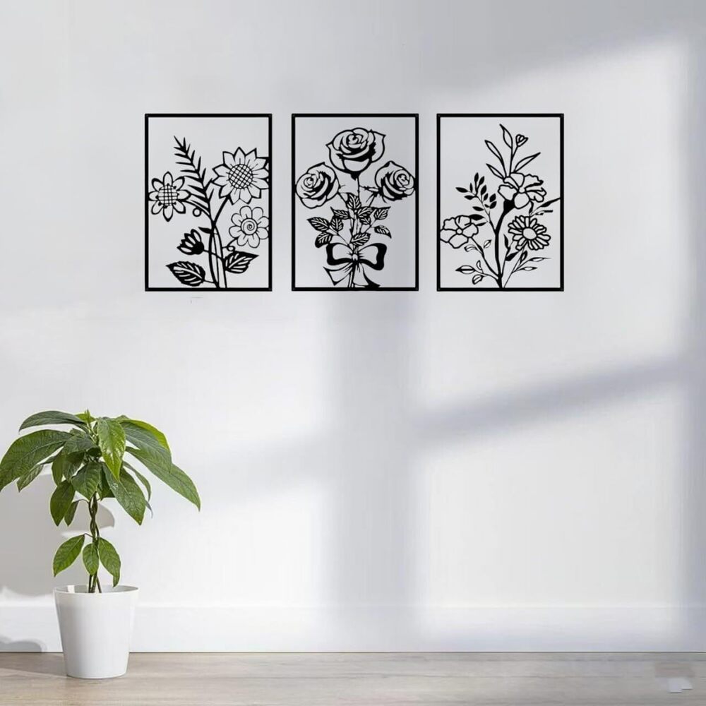 4998 Metal Black Rose Wall Decor - 3 Pcs Flower Aesthetic Rustic Nature